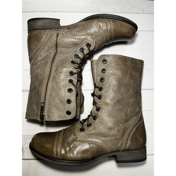 Steve Madden Boots Womens Size 6 Taupe Troopa Combat Lace Up Side Zip Leather - Picture 2 of 10